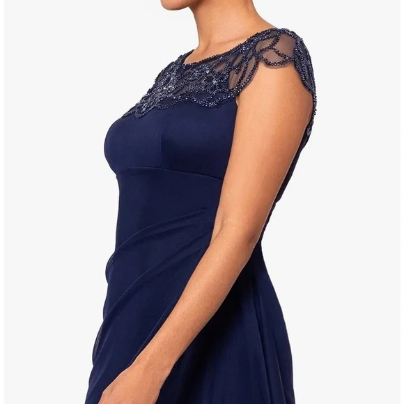 XSCAPE NWT Beaded Cap Sleeve Round Neck Ruched Cascade Ruffle Side Gown (PLUM) - Picture 3 of 12